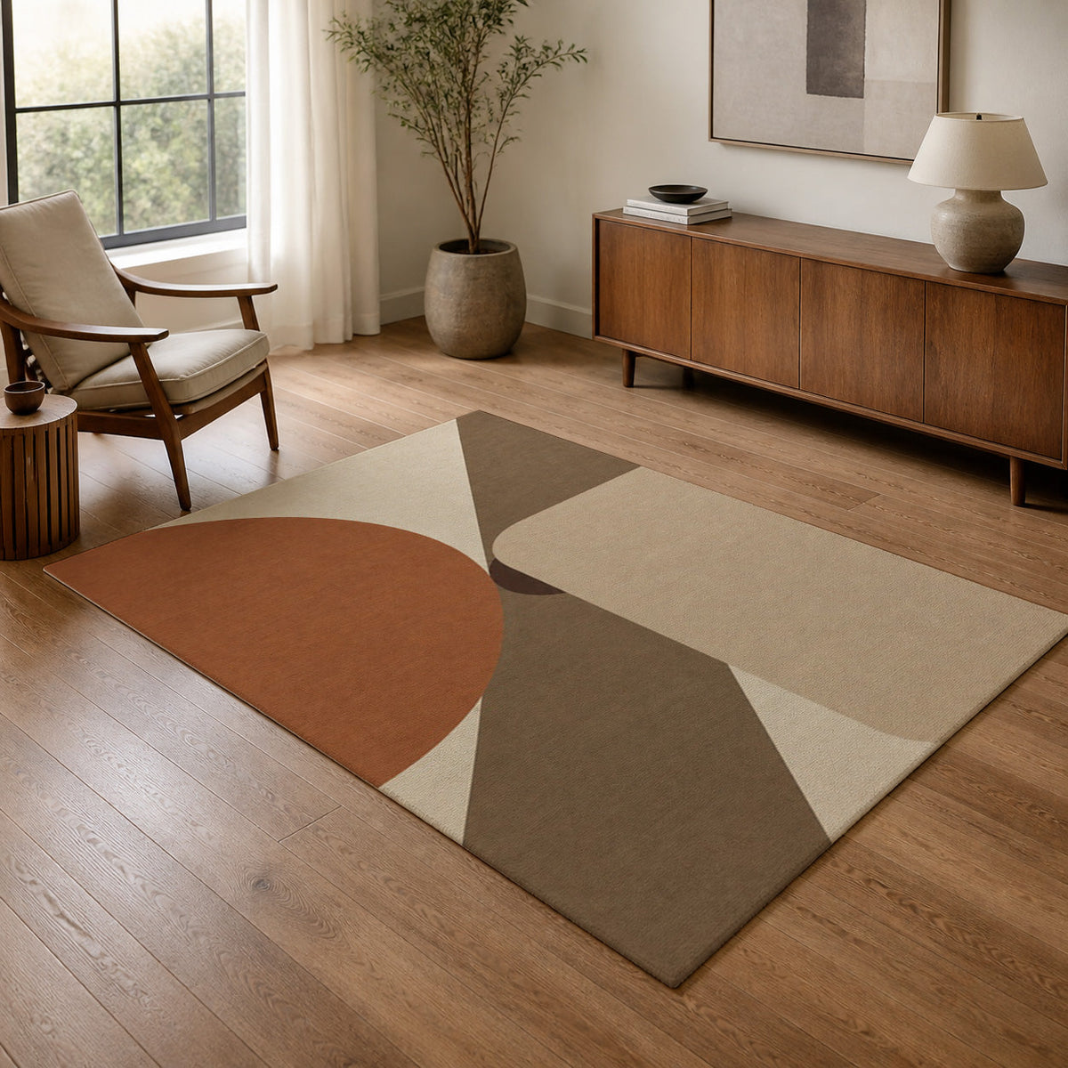 Kartela Intersect washable geometric modern area rug in Beige, in a living room with an armchair and sideboard