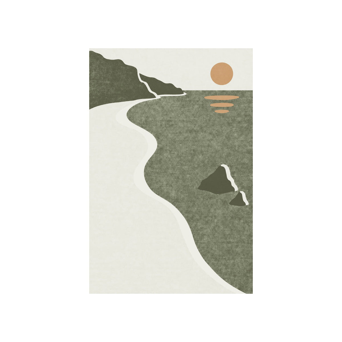 Kartela Shoreline washable coastal sunset area rug in Sage Green, flat product view on a white background