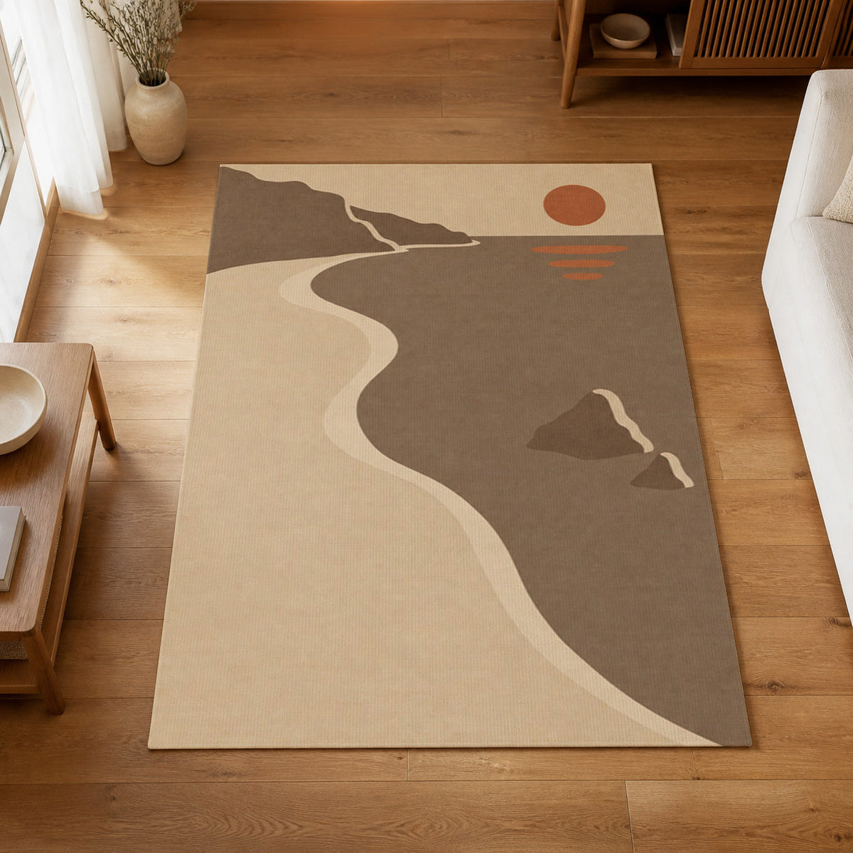 Kartela Shoreline washable coastal sunset area rug in Beige, on a wooden floor in a bright living room