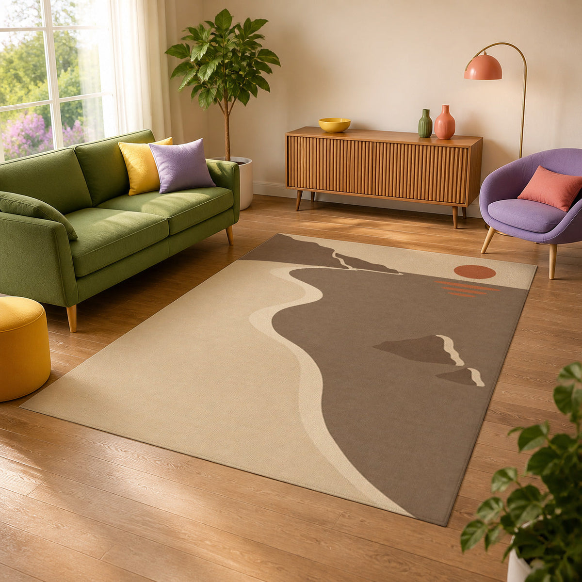Kartela Shoreline washable coastal sunset area rug in Beige, in a sunny living room with a green sofa