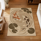Kartela Koi washable koi fish area rug in Beige, on a wooden floor in a bright living room