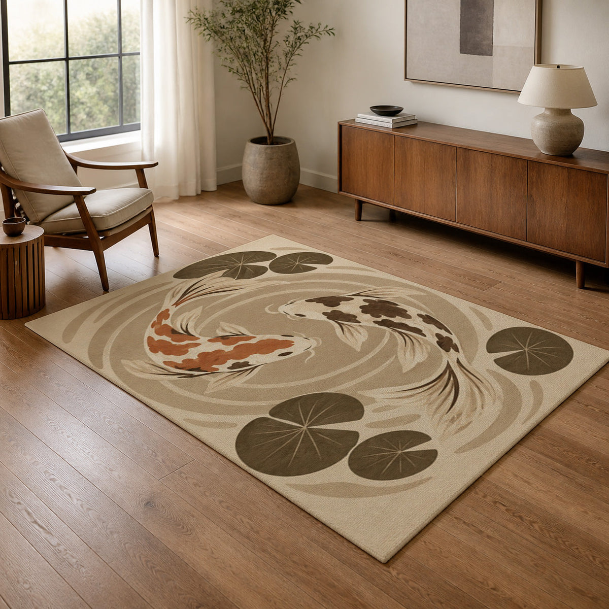 Kartela Koi washable koi fish area rug in Beige, in a living room with an armchair and sideboard
