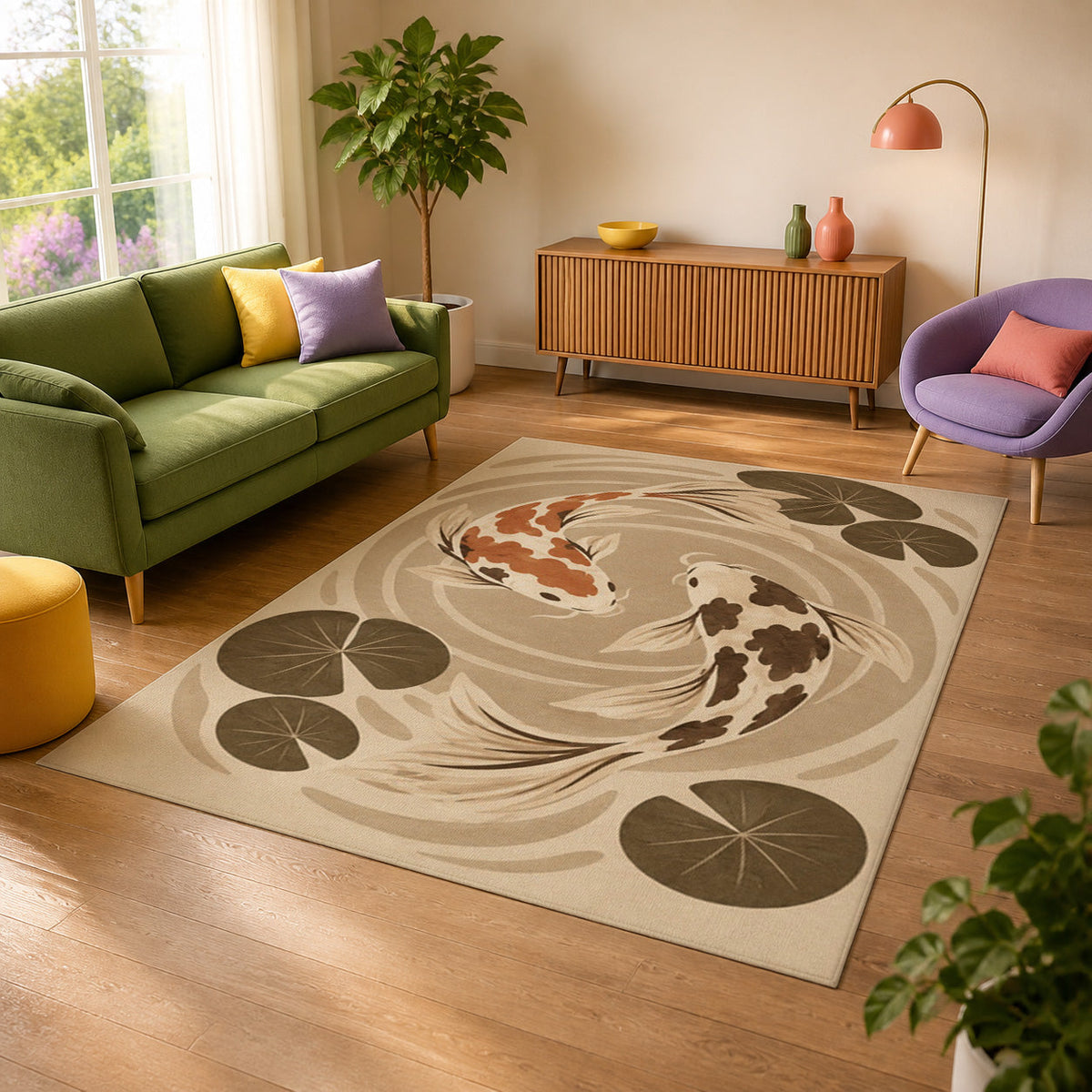 Kartela Koi washable koi fish area rug in Beige, in a sunny living room with a green sofa