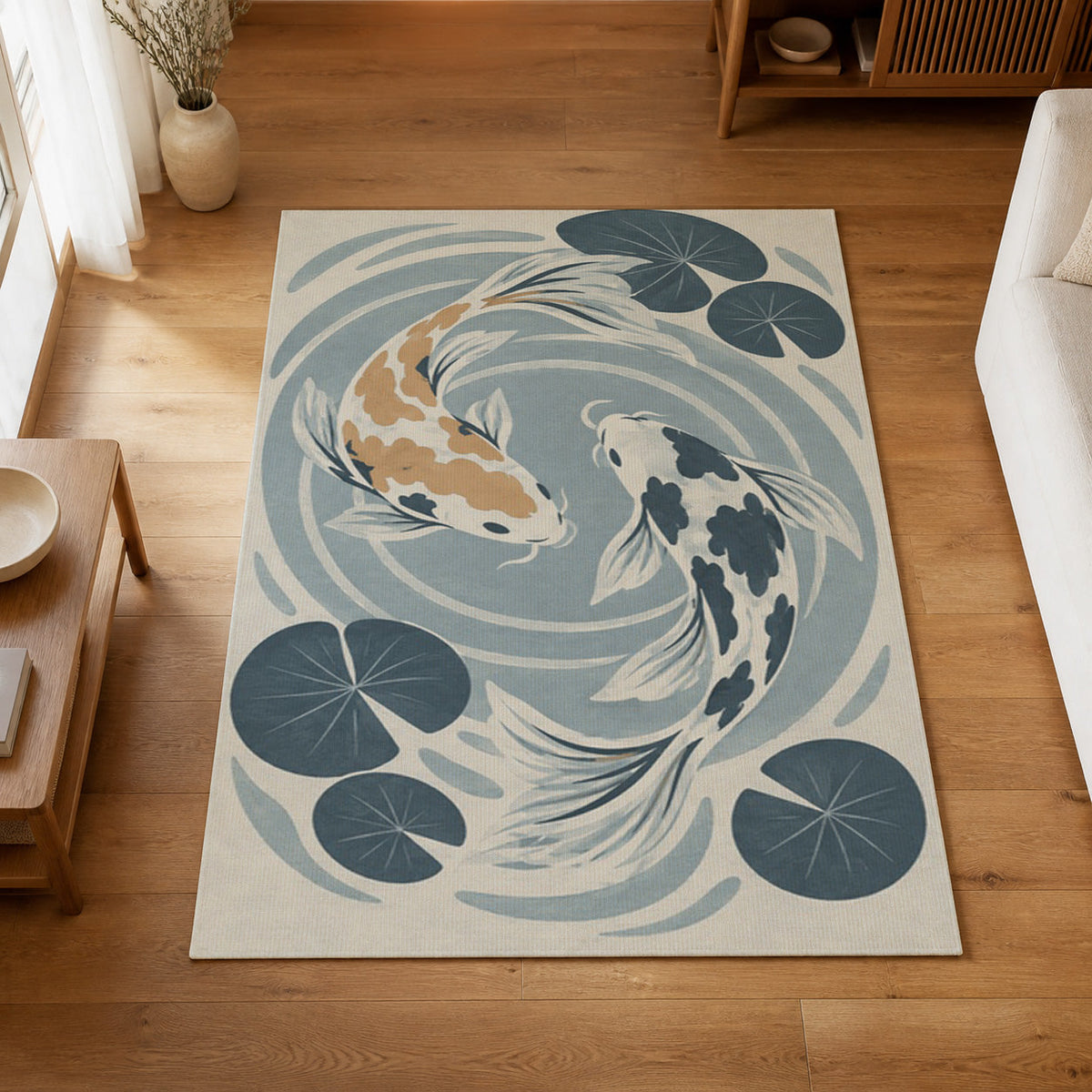 Kartela Koi washable koi fish area rug in Blue, on a wooden floor in a bright living room