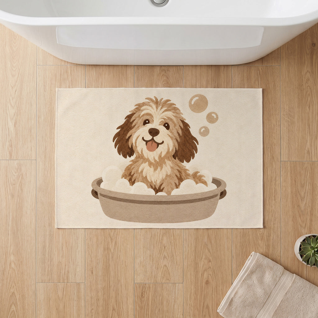 Kartela Bath Pup washable dog bath mat in Beige, on a wooden floor in front of a bathtub