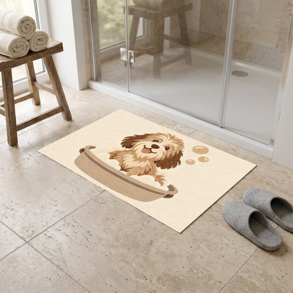 Kartela Bath Pup washable dog bath mat in Beige, in front of a glass shower with slippers