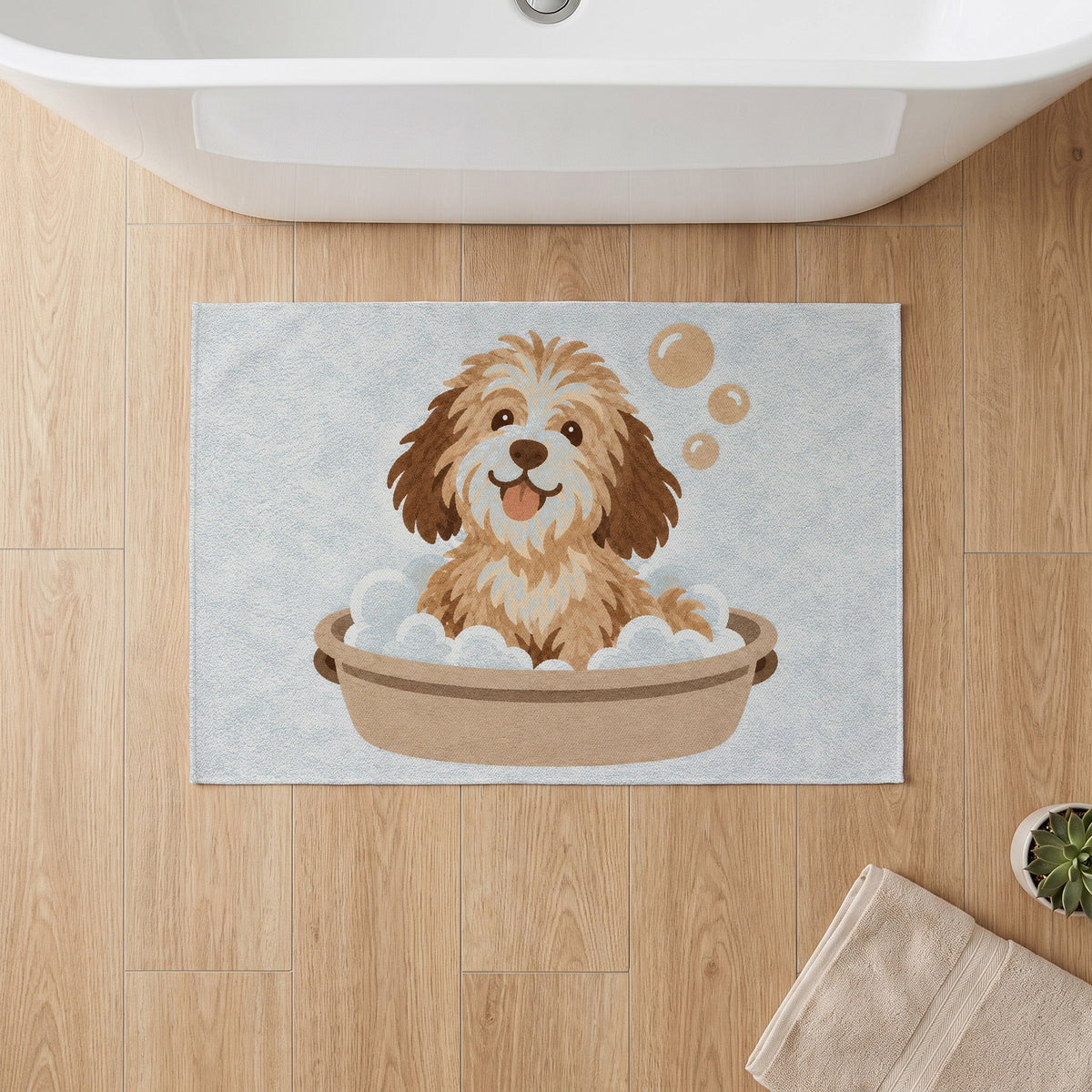 Kartela Bath Pup washable dog bath mat in Blue, on a wooden floor in front of a bathtub