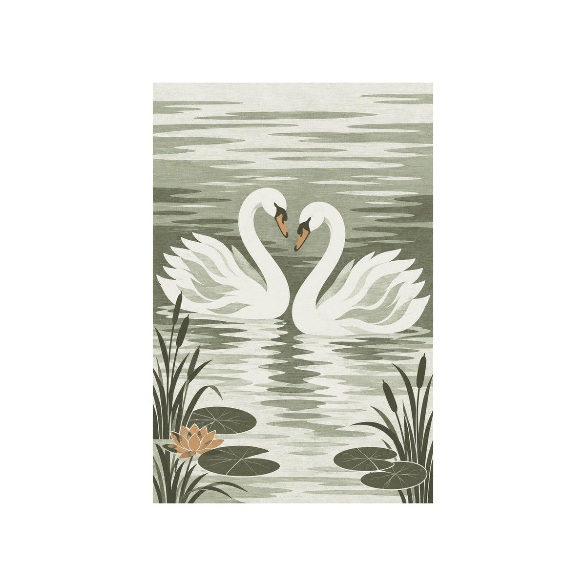 Kartela Swan Lake washable swan area rug in Sage Green, flat product view on a white background