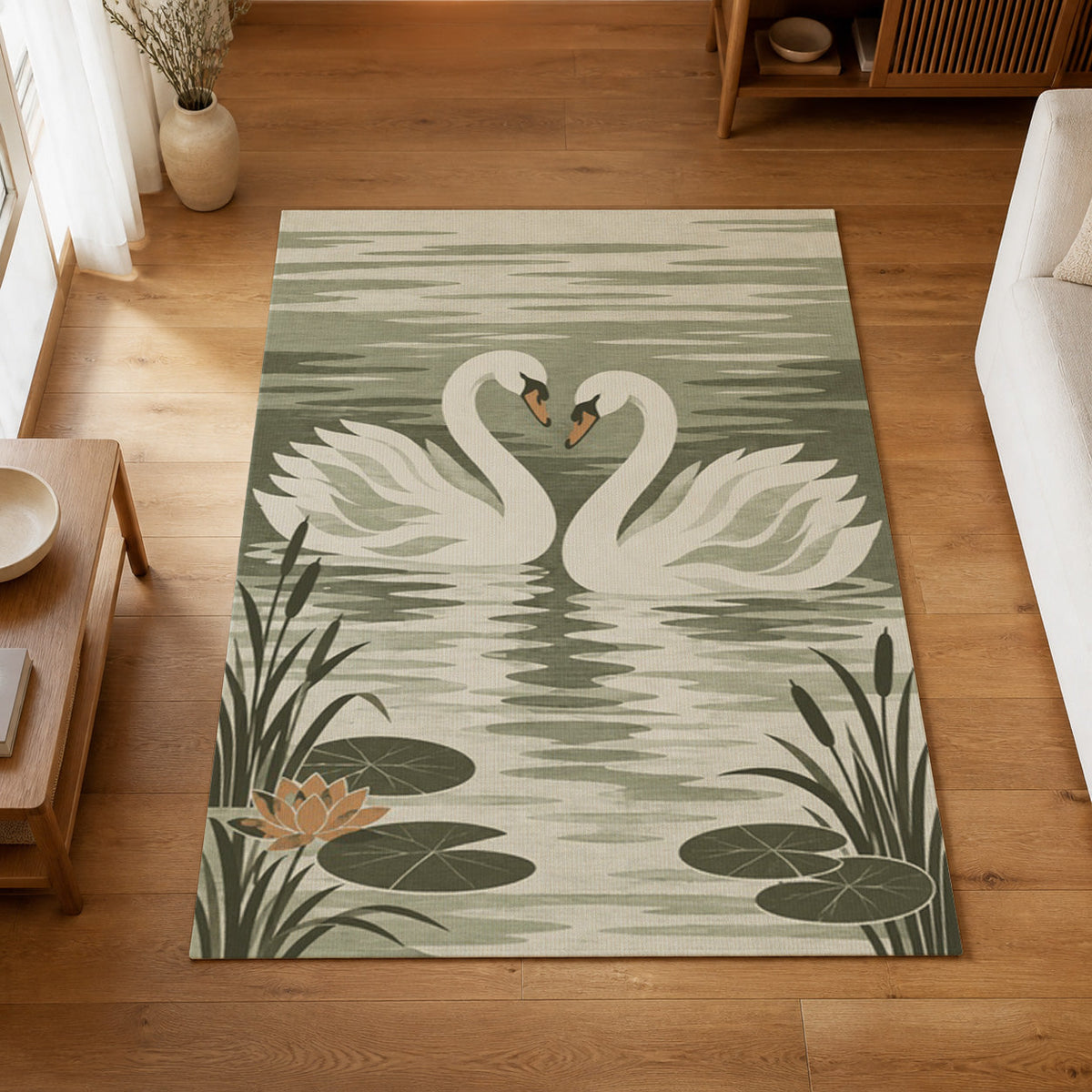 Kartela Swan Lake washable swan area rug in Sage Green, on a wooden floor in a bright living room