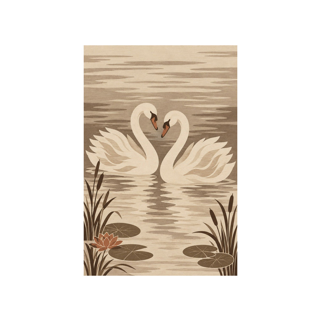 Kartela Swan Lake washable swan area rug in Beige, flat product view on a white background