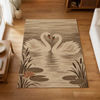 Kartela Swan Lake washable swan area rug in Beige, on a wooden floor in a bright living room