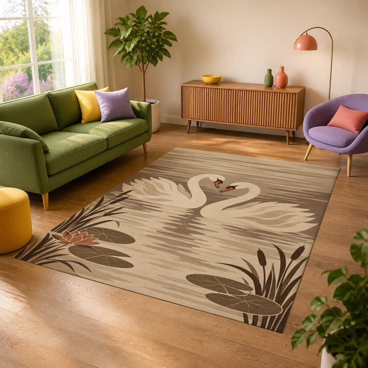 Kartela Swan Lake washable swan area rug in Beige, in a sunny living room with a green sofa