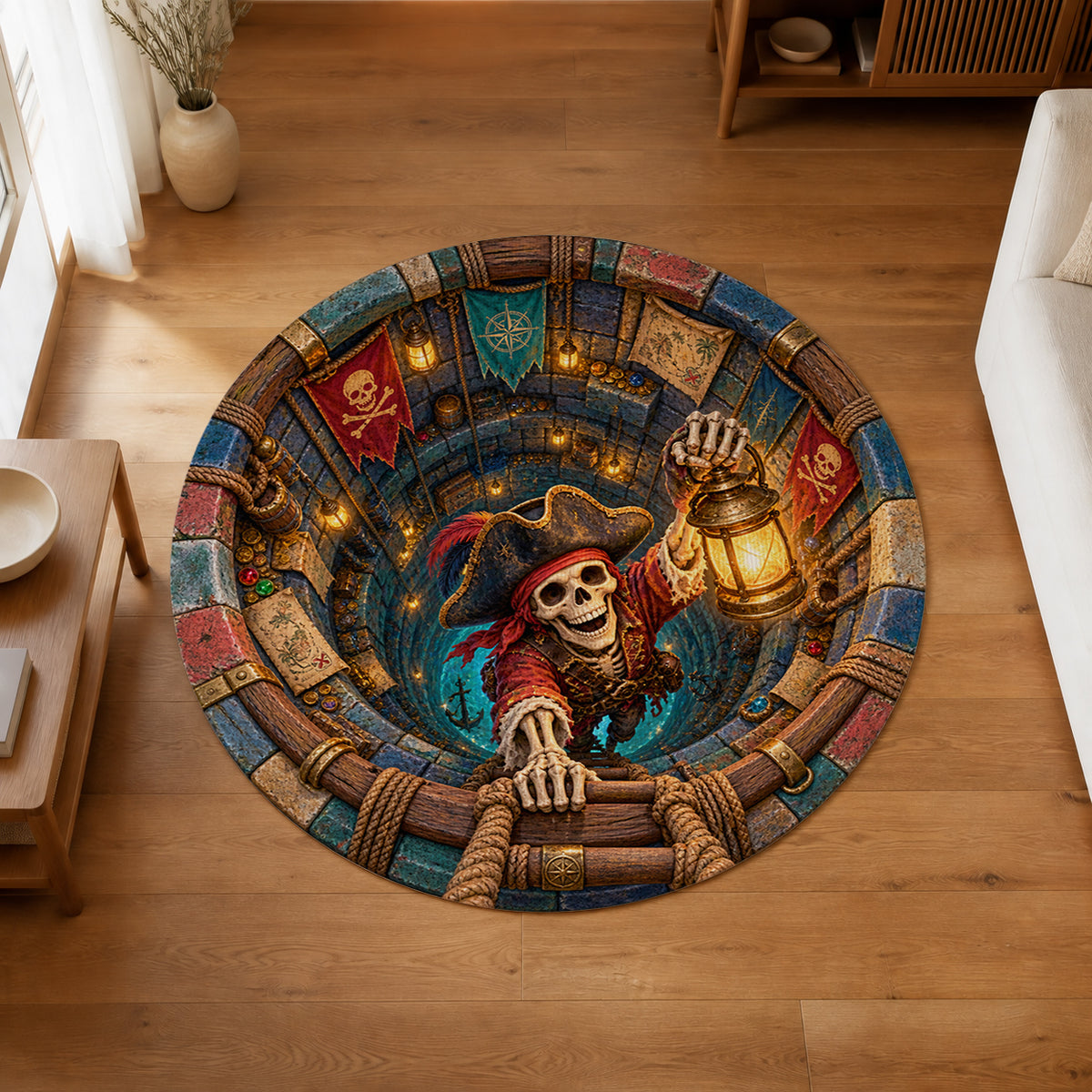 The Lantern Pirate's Well 3D Round Rug in an editorial overhead room view
