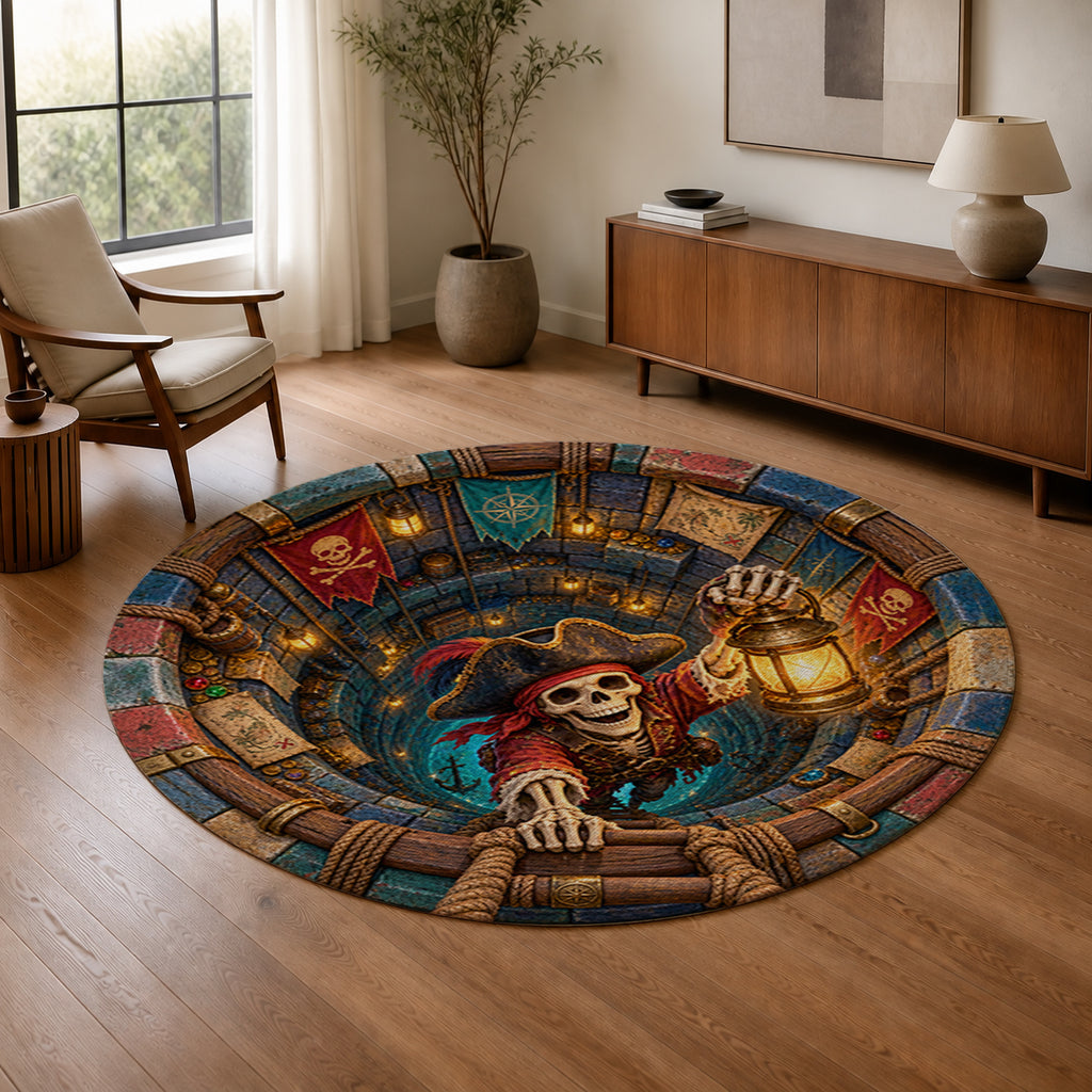 The Lantern Pirate's Well 3D Round Rug in a warm modern living room