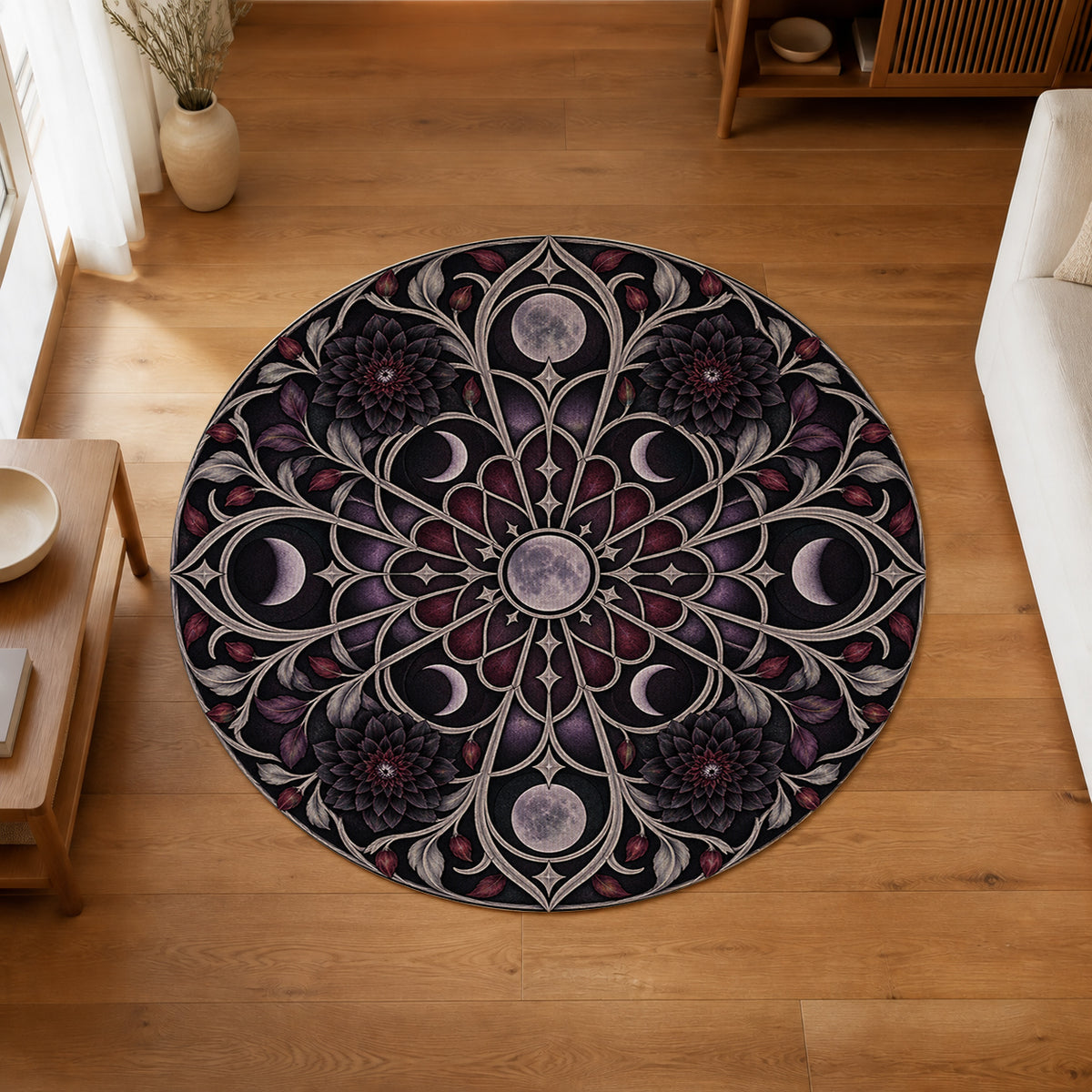 Lunar Rose Window Round Rug in an editorial overhead room view