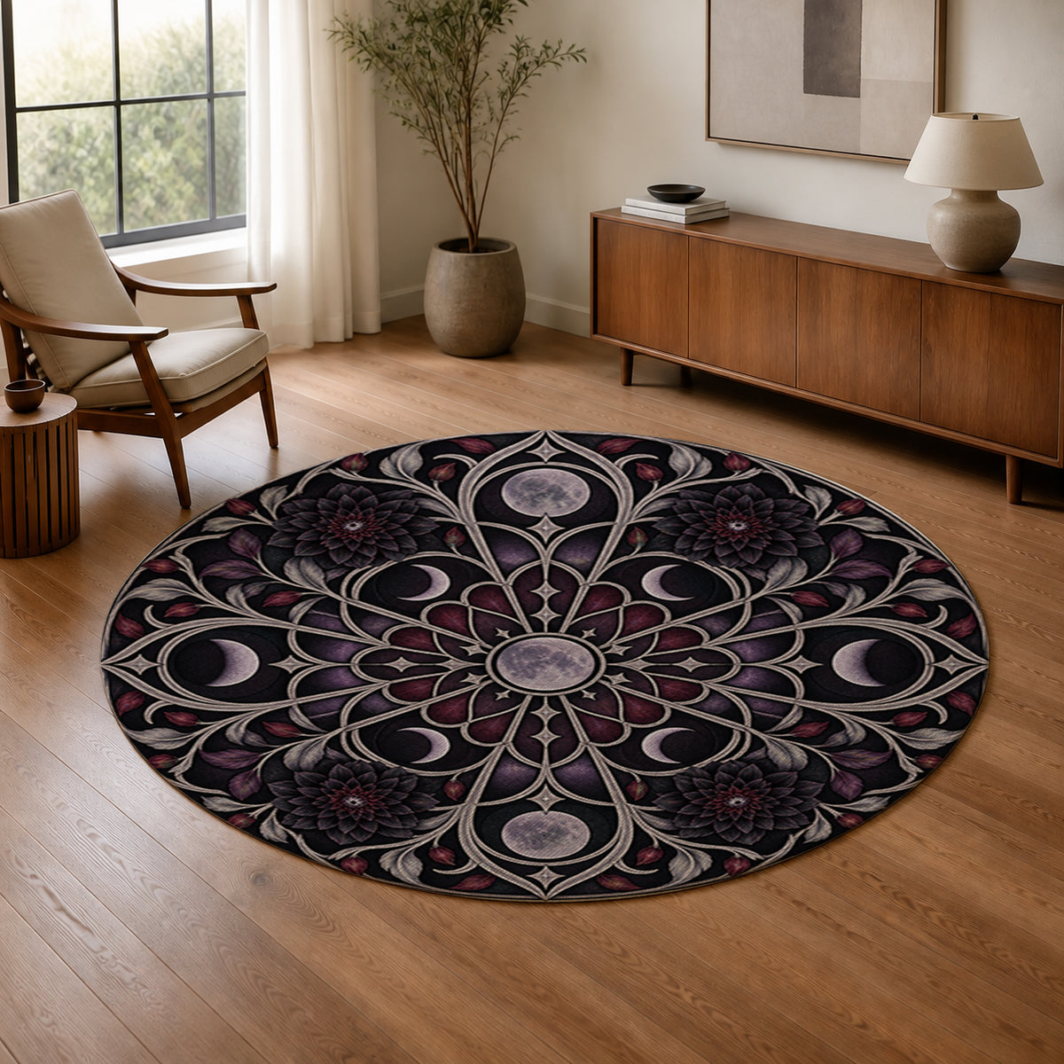 Lunar Rose Window Round Rug in a warm modern living room