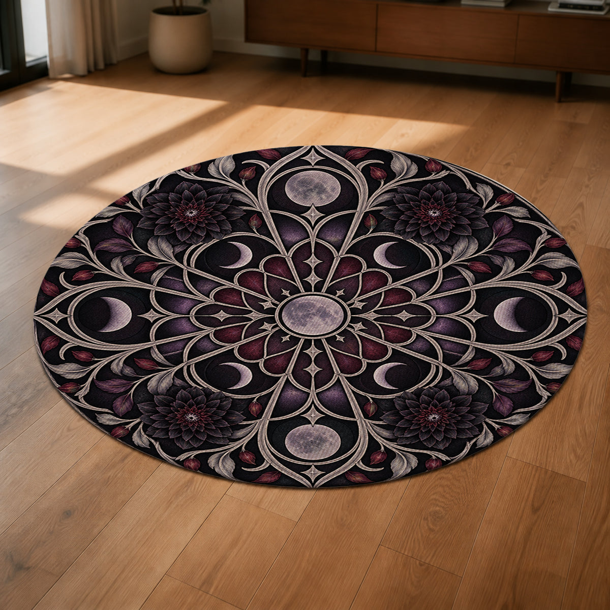 Lunar Rose Window Round Rug shown from a low oblique angle