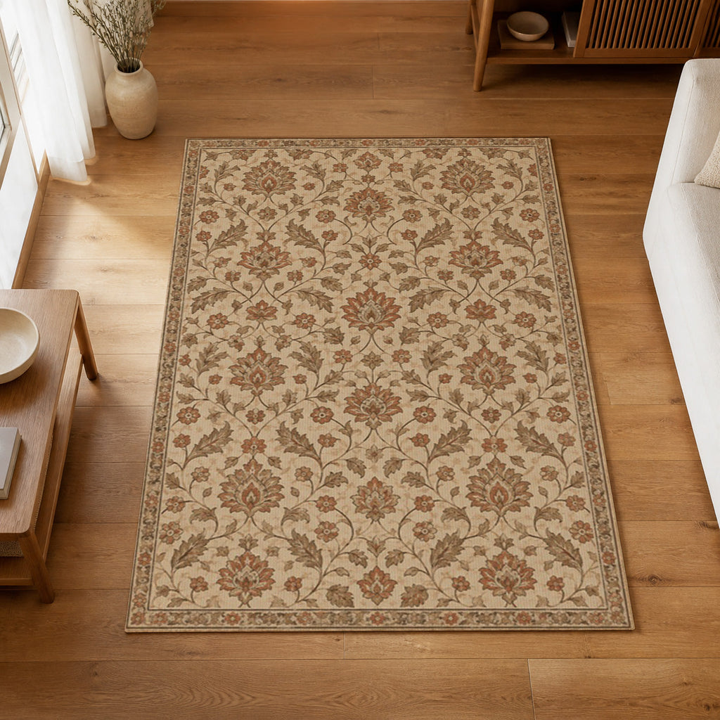 Kartela Persian Field washable vintage Persian style area rug in Beige, on a wooden floor in a bright living room