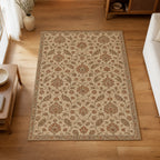 Kartela Persian Field washable vintage Persian style area rug in Beige, on a wooden floor in a bright living room