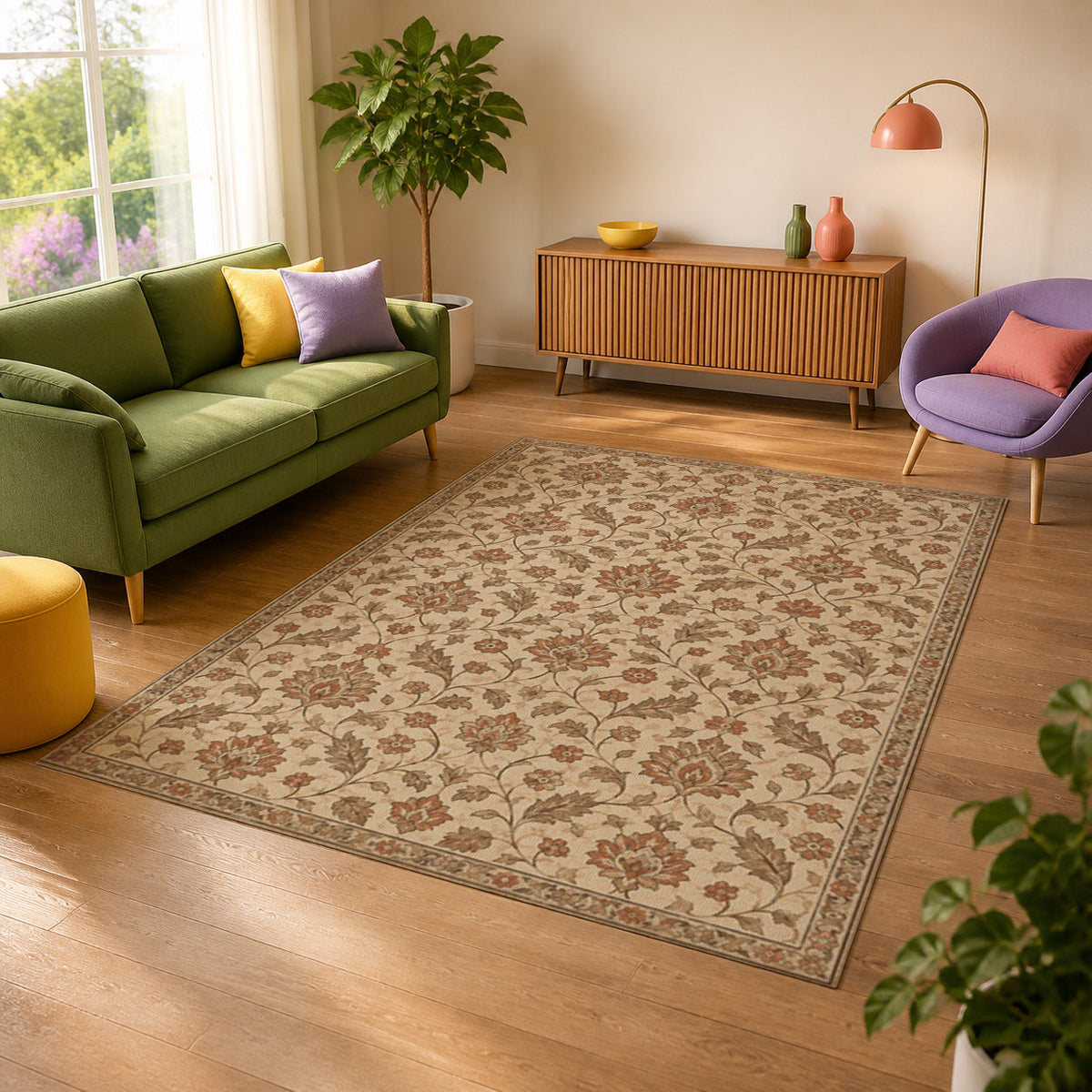 Kartela Persian Field washable vintage Persian style area rug in Beige, in a sunny living room with a green sofa