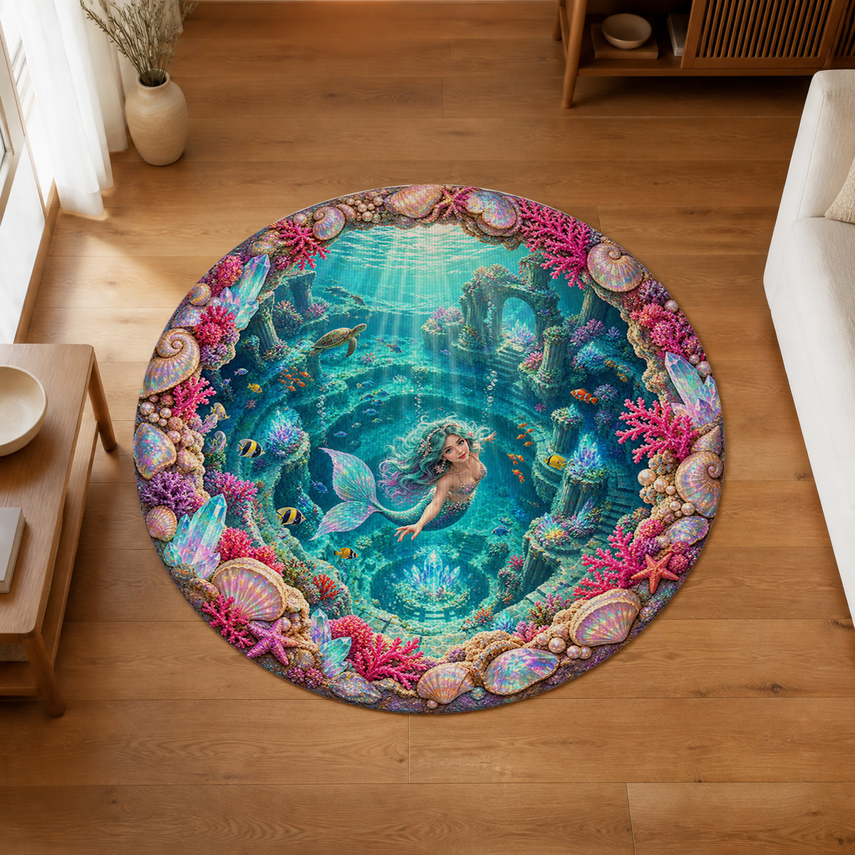 Mermaid's Crystal Lagoon 3D Round Rug in an editorial overhead room view