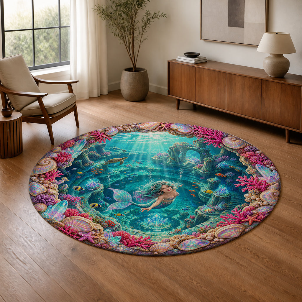 Mermaid's Crystal Lagoon 3D Round Rug in a warm modern living room