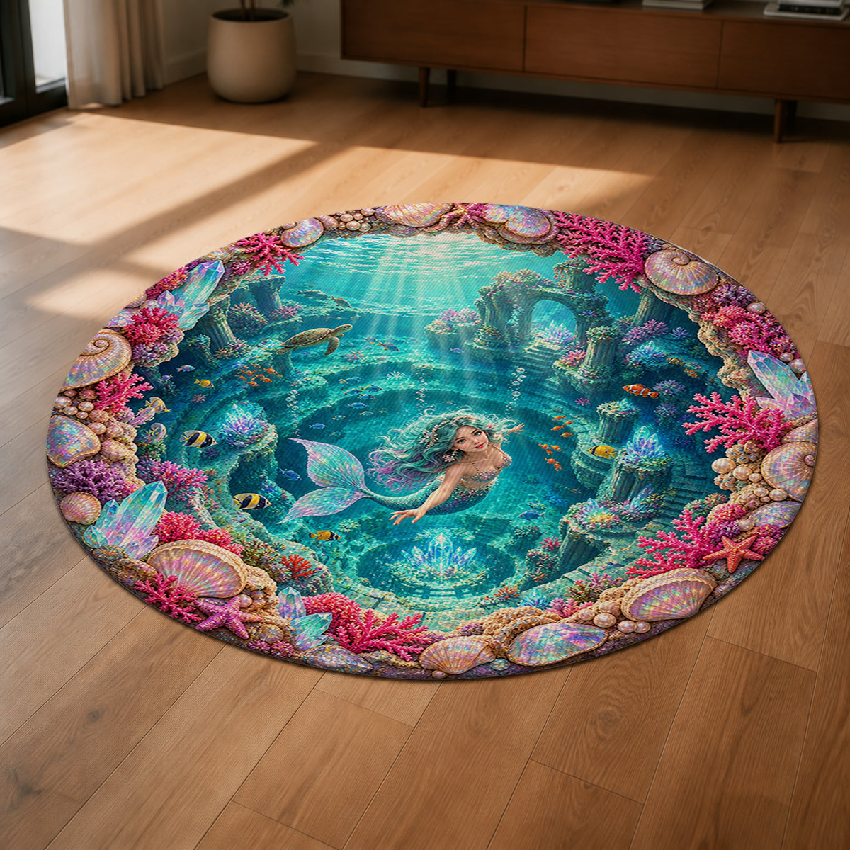 Mermaid's Crystal Lagoon 3D Round Rug shown from a low oblique angle