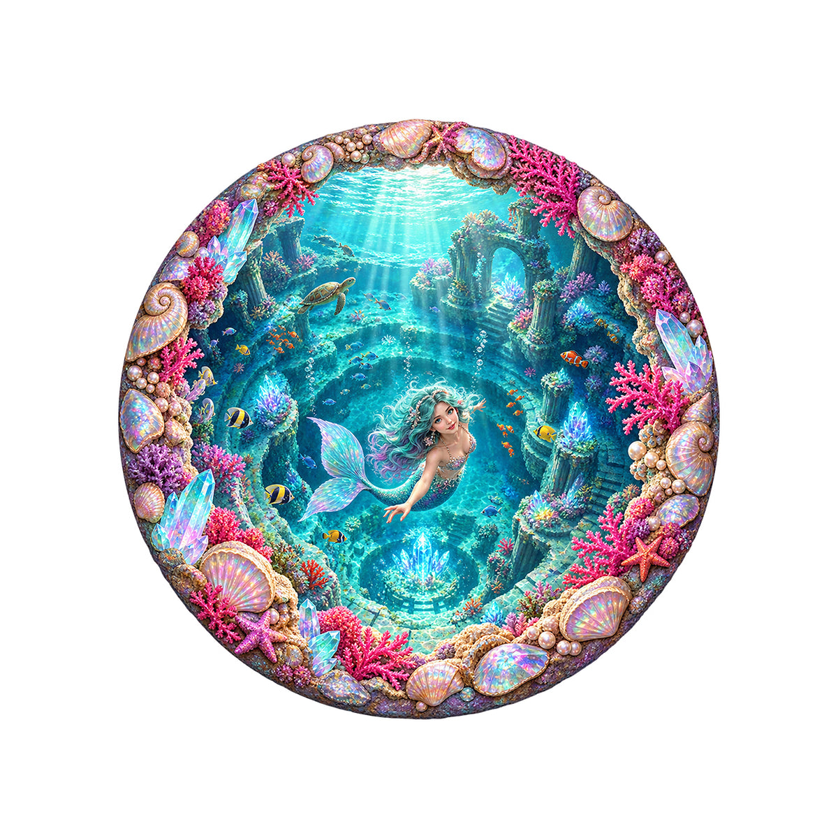 Mermaid's Crystal Lagoon 3D Round Rug on a clean white background