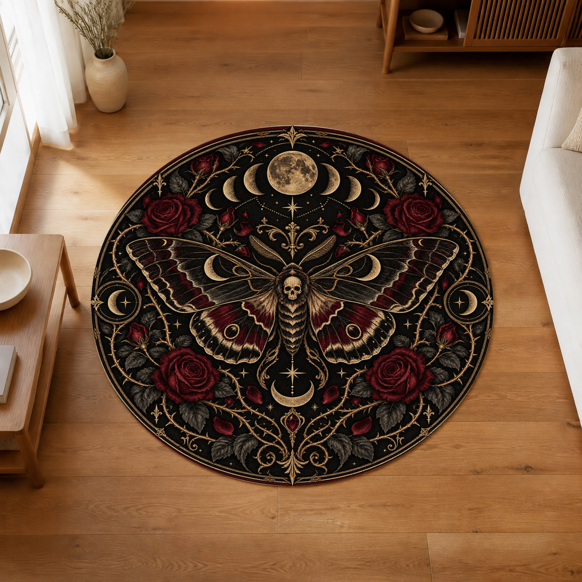 Midnight Moth Circle Round Rug in an editorial overhead room view