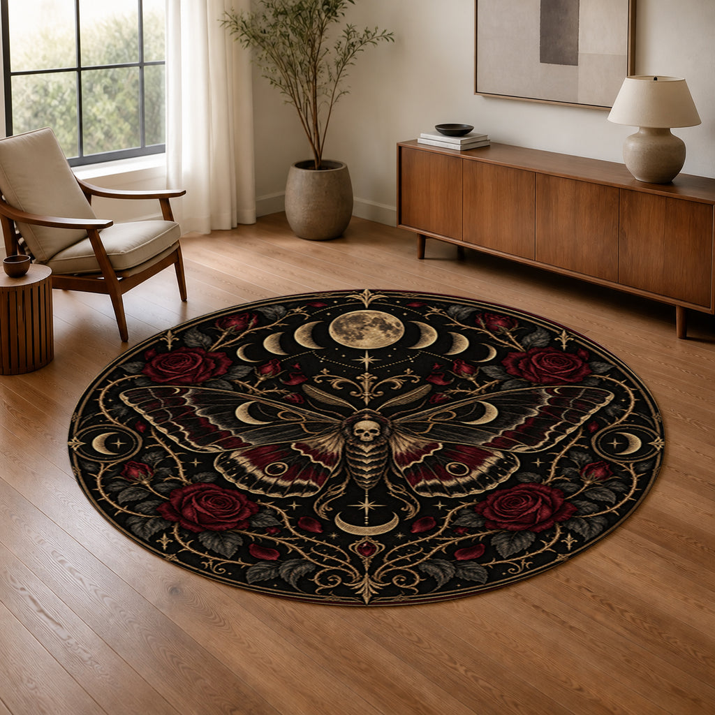 Midnight Moth Circle Round Rug in a warm modern living room