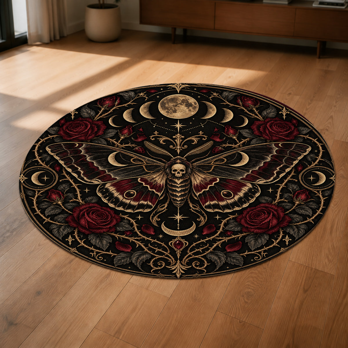 Midnight Moth Circle Round Rug shown from a low oblique angle