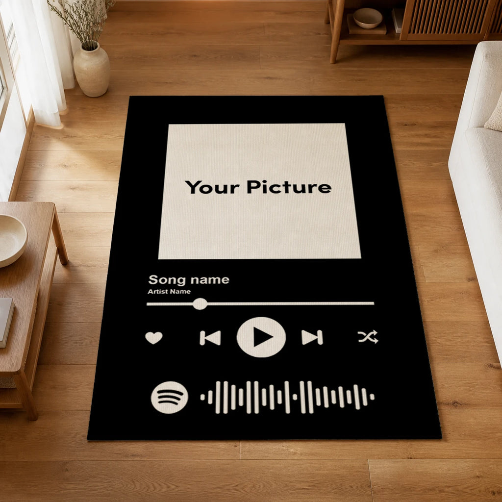 Personalized song rug with a photo, song title and artist in a music-player design, on a wooden living room floor