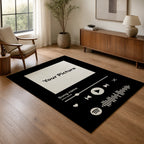 Custom photo and song rug in a calm living room next to an armchair