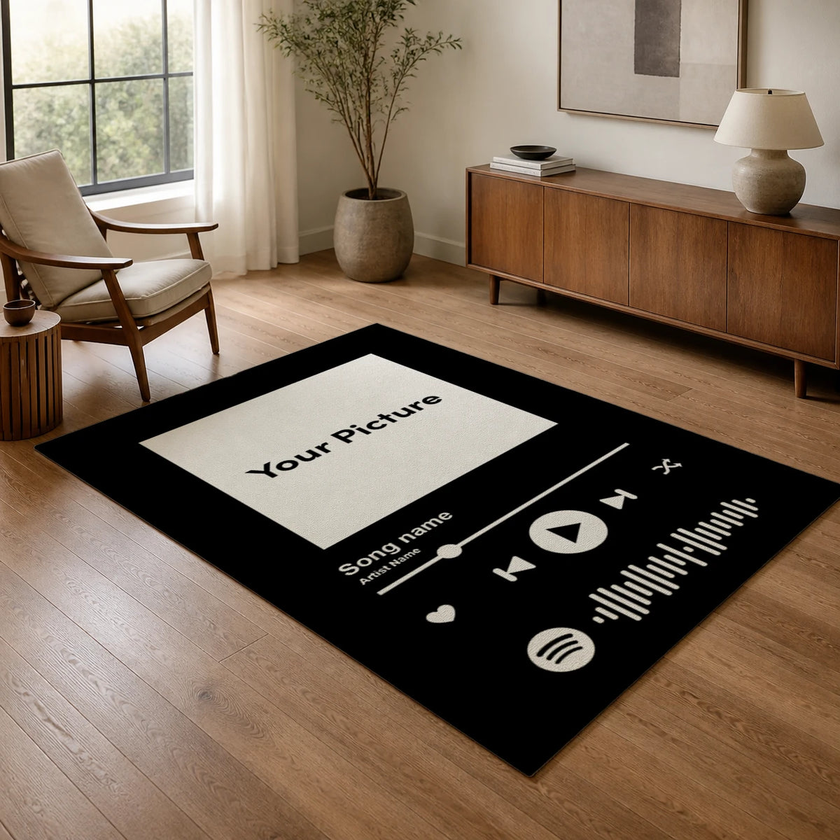 Custom photo and song rug in a calm living room next to an armchair