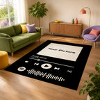 Personalized song rug in a bright, colorful living room