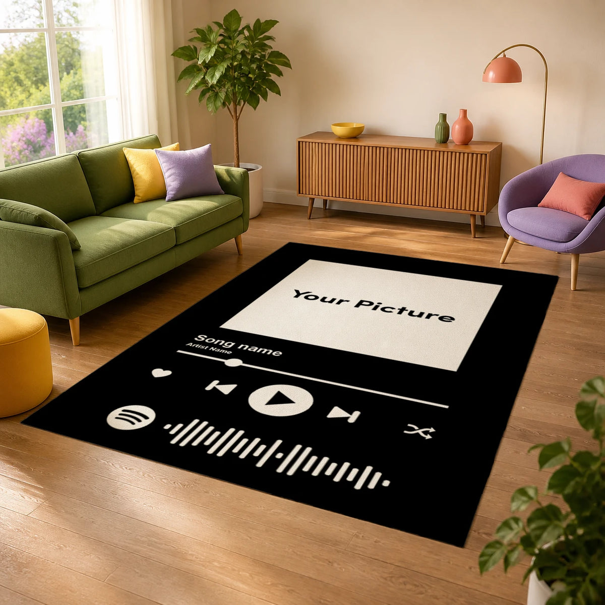 Personalized song rug in a bright, colorful living room