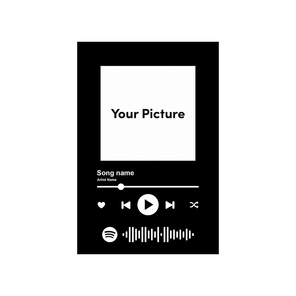 Song rug layout: your picture, song name, artist name, player controls and a scannable song code