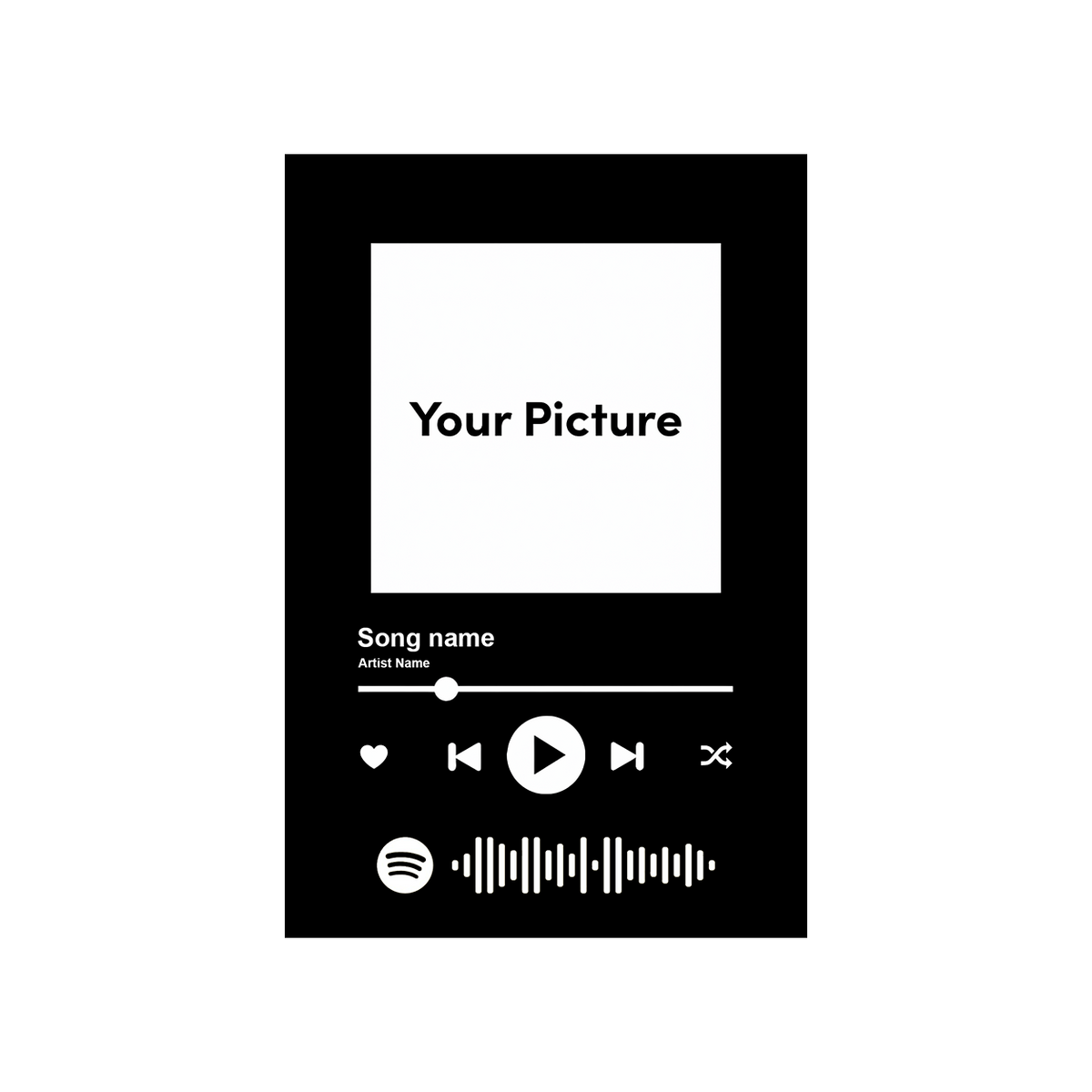 Song rug layout: your picture, song name, artist name, player controls and a scannable song code