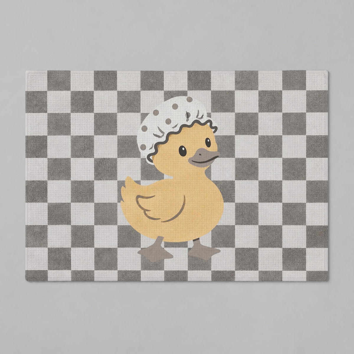 Kartela Duck Check washable checkered duck bath mat in Light Gray, flat product view on a gray background