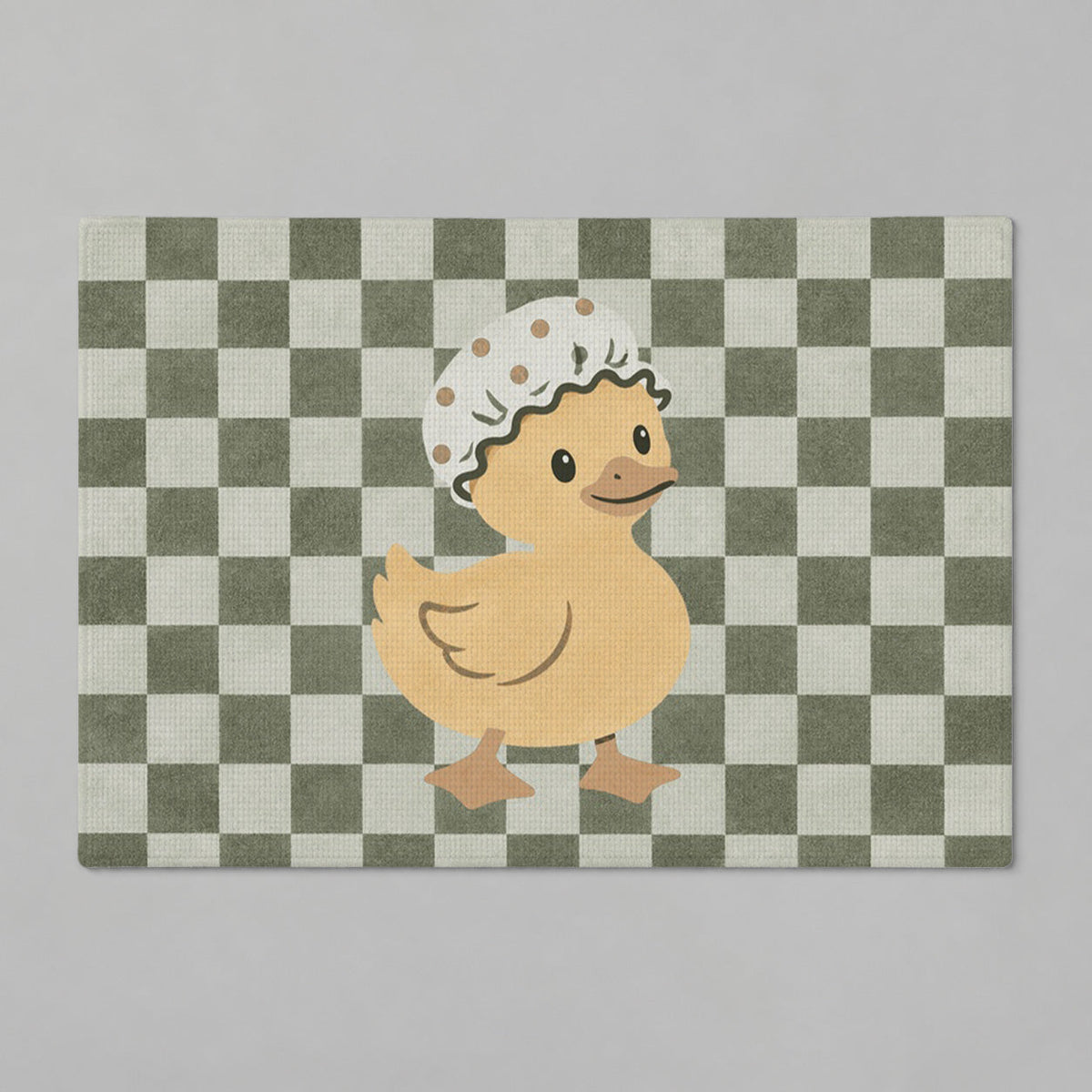 Kartela Duck Check washable checkered duck bath mat in Sage Green, flat product view on a gray background