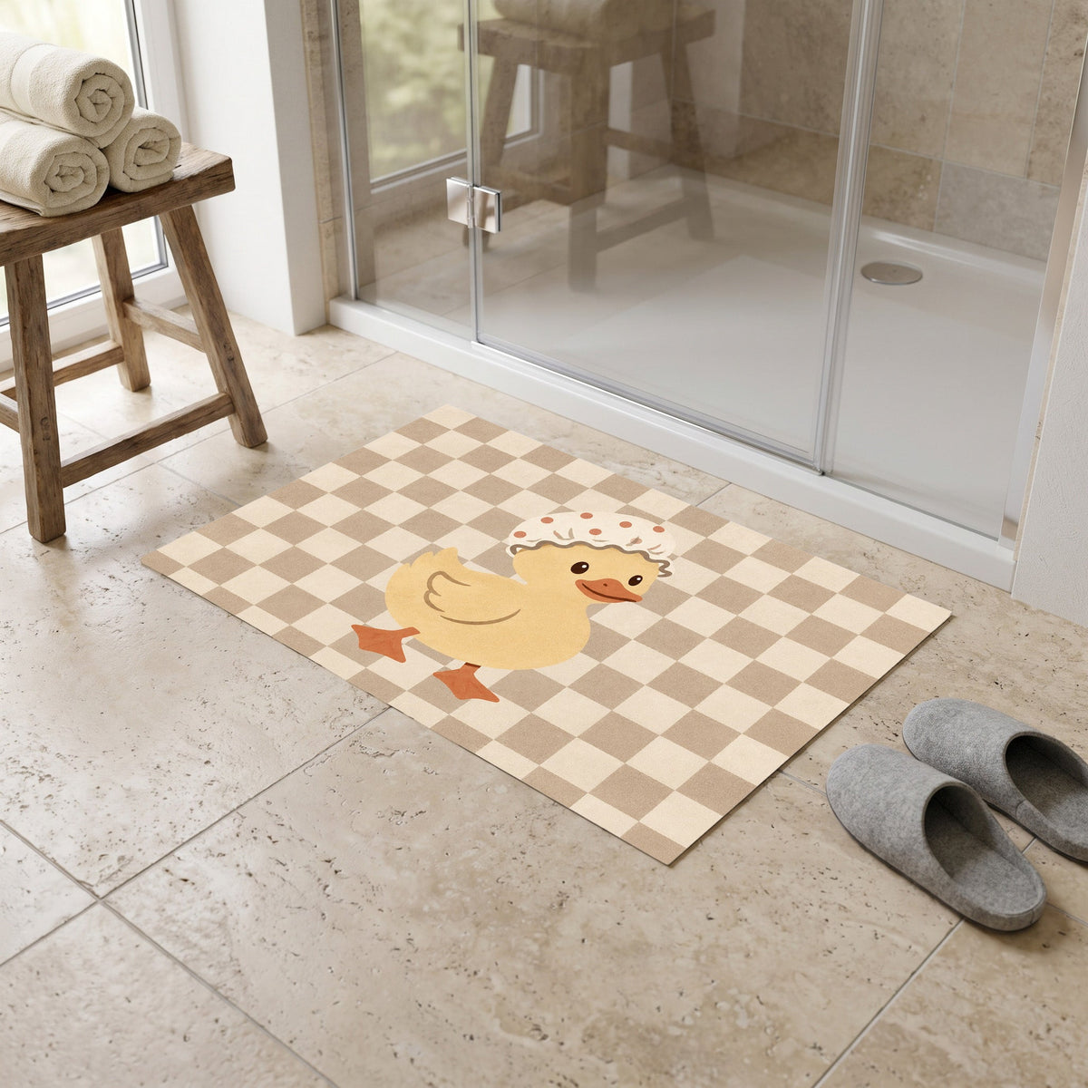 Kartela Duck Check washable checkered duck bath mat in Beige, in front of a glass shower with slippers