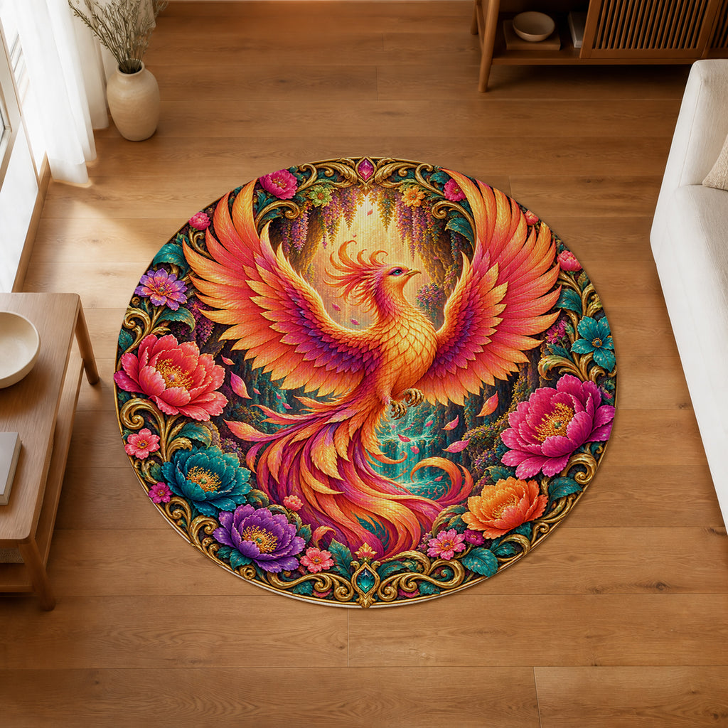 Phoenix Bloom 3D Round Rug in an editorial overhead room view