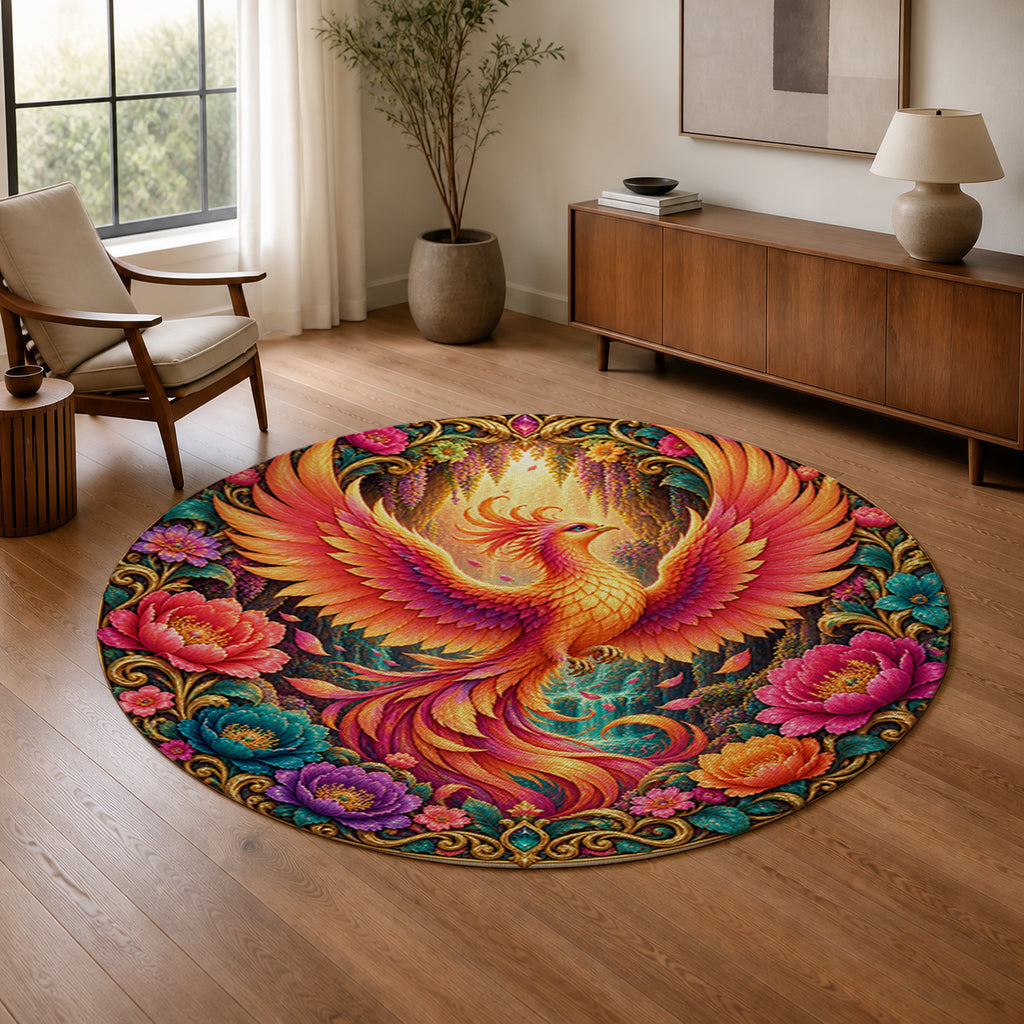 Phoenix Bloom 3D Round Rug in a warm modern living room