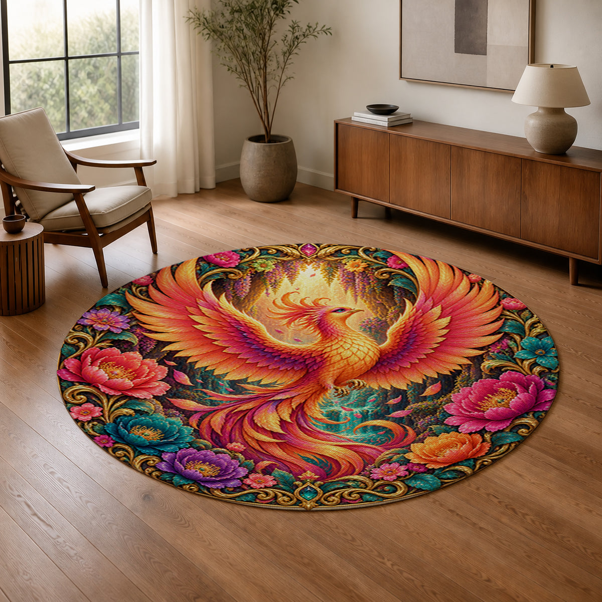 Phoenix Bloom 3D Round Rug in a warm modern living room