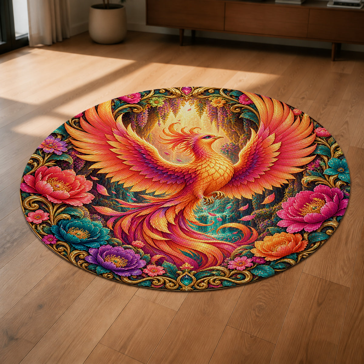 Phoenix Bloom 3D Round Rug shown from a low oblique angle