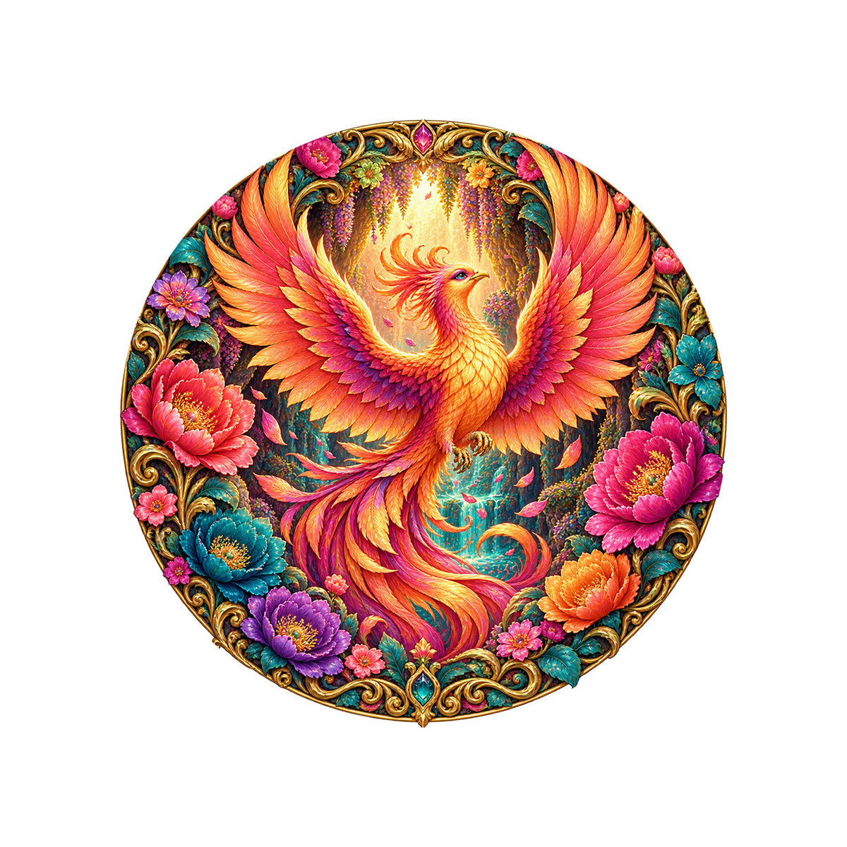 Phoenix Bloom 3D Round Rug on a clean white background