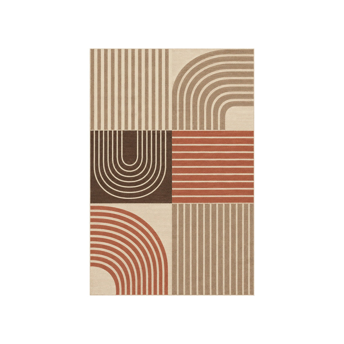 Kartela Retro Patchwork washable retro striped area rug in Beige, flat product view on a white background
