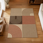 Kartela Retro Patchwork washable retro striped area rug in Beige, on a wooden floor in a bright living room