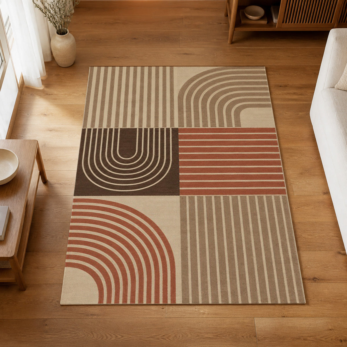 Kartela Retro Patchwork washable retro striped area rug in Beige, on a wooden floor in a bright living room