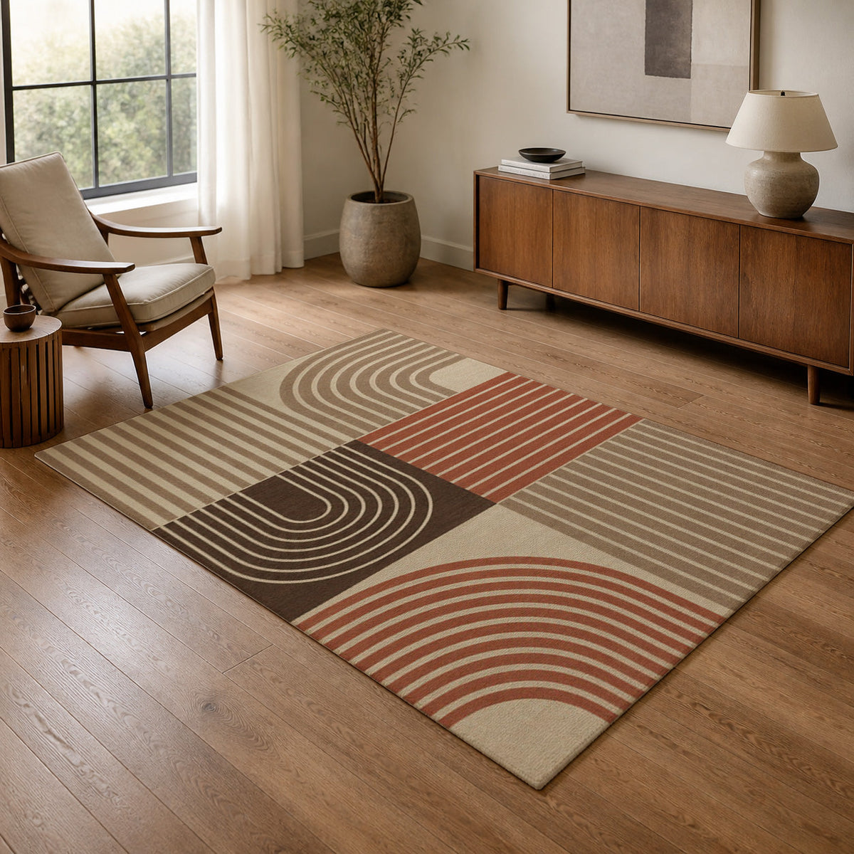 Kartela Retro Patchwork washable retro striped area rug in Beige, in a living room with an armchair and sideboard